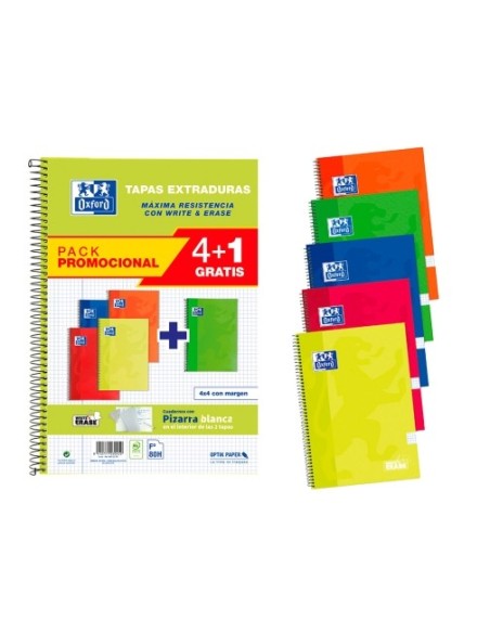 Cuaderno Espiral PACK 4+1 WRITE&ERASE 21,5X31,5 Tapa Extradura 4X4 con margen 80 Hojas COLORES PASTEL OXFORD SCHOOL CLASSIC