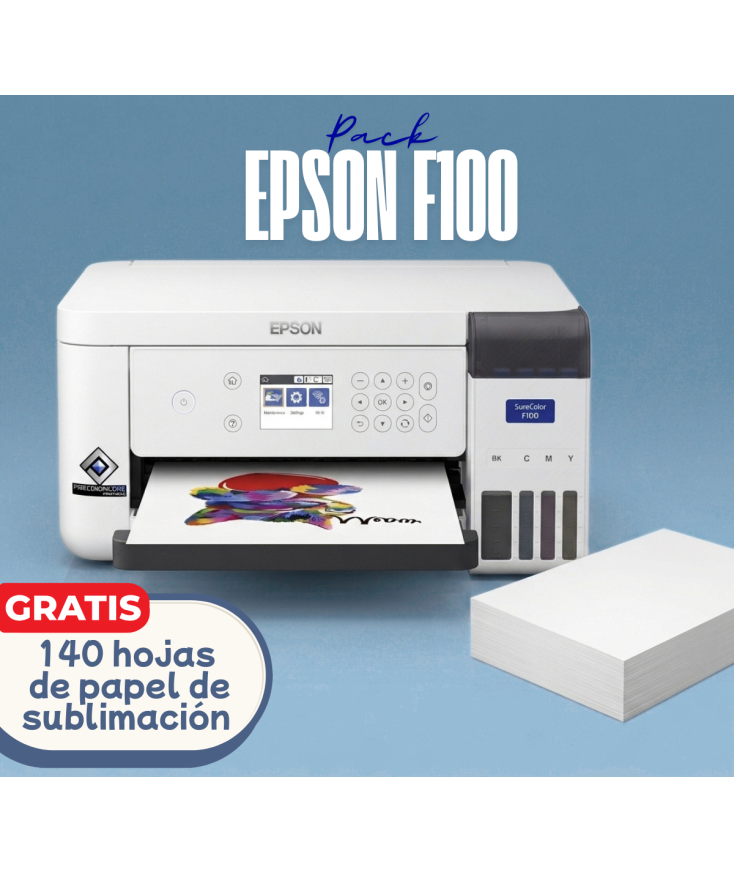 Pack de la impresora de sublimación Epson F100 y 140 hojas de papel de sublimación