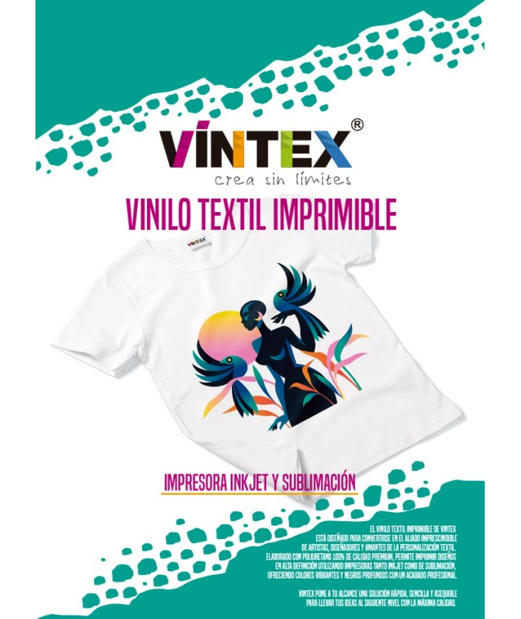 Vinilo textil imprimible Vintex. DTV Compatible con impresora de tinta doméstica o impresora de sublimación.