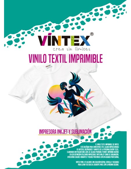 Vinilo textil imprimible Vintex. DTV Compatible con impresora de tinta doméstica o impresora de sublimación.