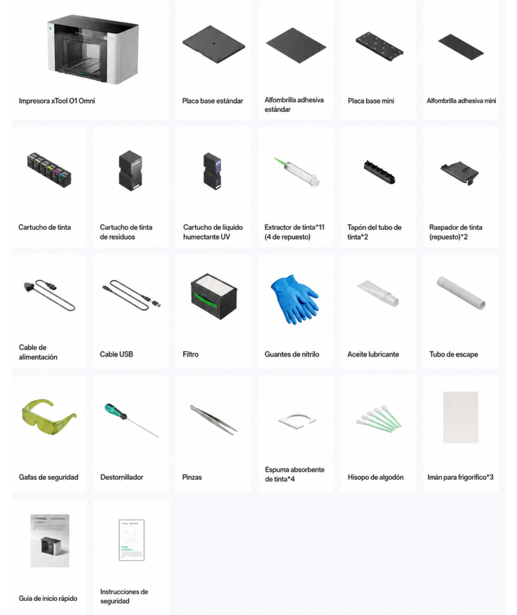 Materiales que incluye Impresora xTool O1 Omni Printer version Single UV con pack de tintas en Plotteralia