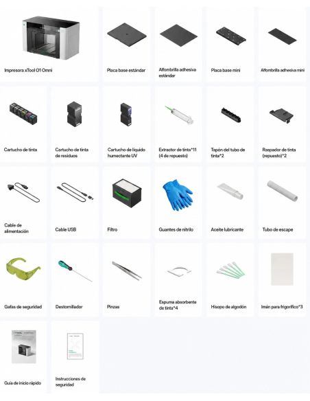 Materiales que incluye Impresora xTool O1 Omni Printer version Single UV con pack de tintas en Plotteralia
