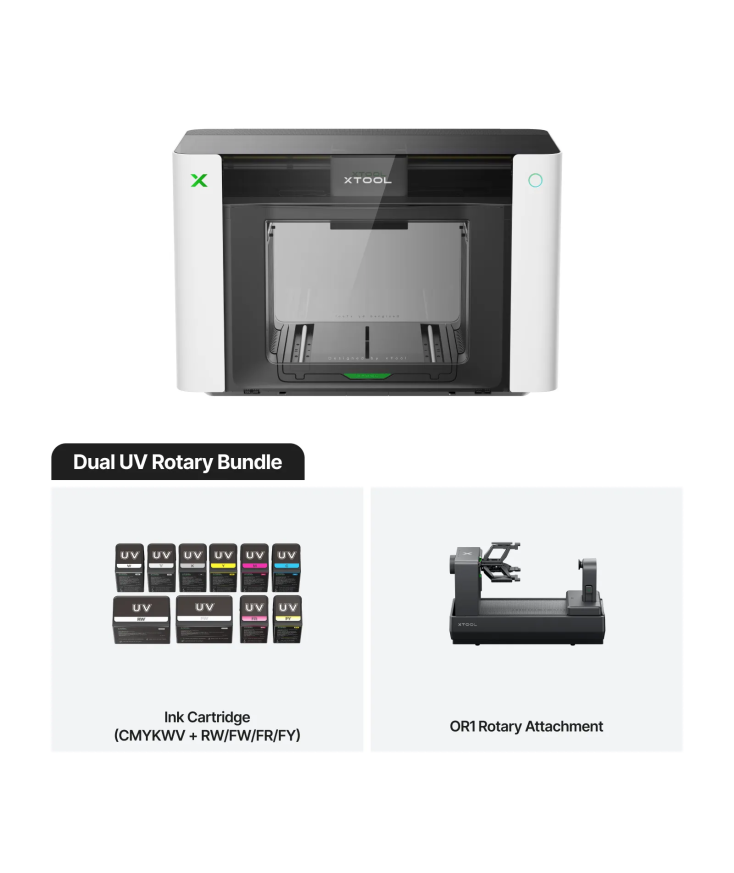Impresora xTool O1 Omni Printer version Dual UV con doble cabezal y accesorio rotativo en Plotteralia