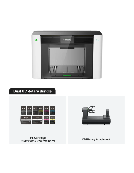 Impresora xTool O1 Omni Printer version Dual UV con doble cabezal y accesorio rotativo en Plotteralia