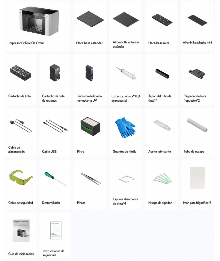 Materiales que incluye Impresora xTool O1 Omni Printer version Dual UV con doble cabezal en Plotteralia