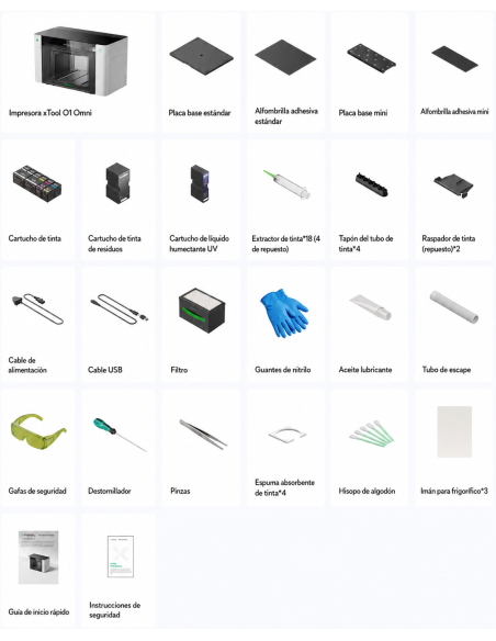 Materiales que incluye Impresora xTool O1 Omni Printer version Dual UV con doble cabezal en Plotteralia