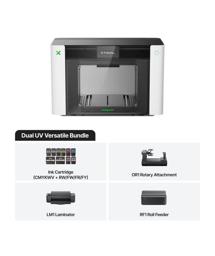 Impresora xTool O1 Omni Printer version Dual UV con doble cabezal y pack versatile en Plotteralia