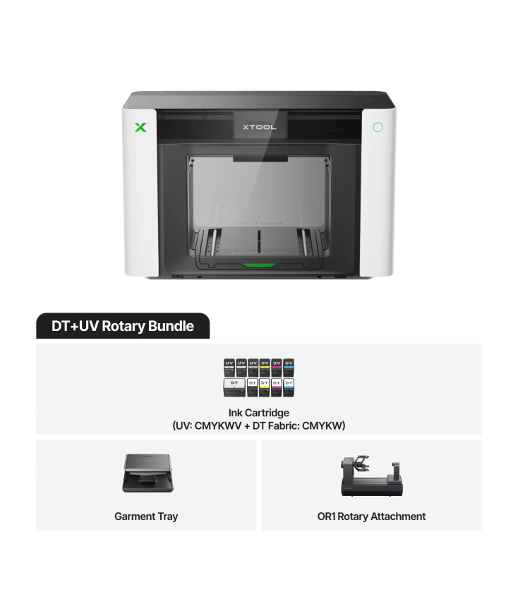 Impresora xTool O1 Omni Printer version UV y DTF con pack de tintas mixtas y accesorio rotativo en Plotteralia