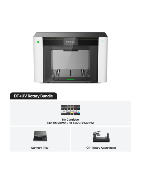 Impresora xTool O1 Omni Printer version UV y DTF con pack de tintas mixtas y accesorio rotativo en Plotteralia