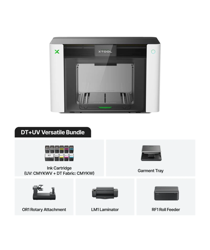 Impresora xTool O1 Omni Printer version UV y DTF con pack de tintas mixtas y pack versatile en Plotteralia
