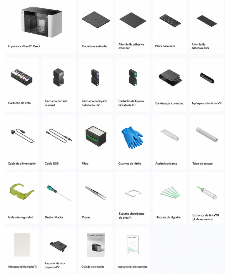 Materiales que incluye Impresora xTool O1 Omni Printer version UV y DTF con pack de tintas mixtas en Plotteralia