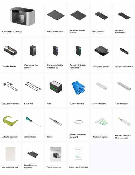 Materiales que incluye Impresora xTool O1 Omni Printer version UV y DTF con pack de tintas mixtas en Plotteralia
