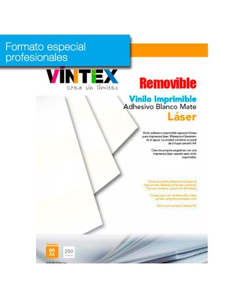 Vinilo Adhesivo Imprimible Blanco Mate removible Láser (formato profesional)