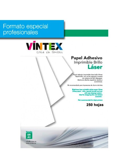 Pack 250 hojas Papel Adhesivo Imprimible Blanco Alto Brillo láser (formato profesional)