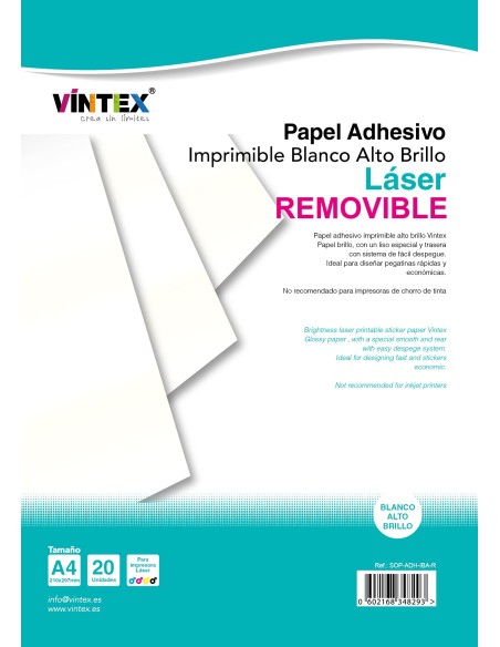 Papel Adhesivo Imprimible Blanco Alto Brillo láser REMOVIBLE
