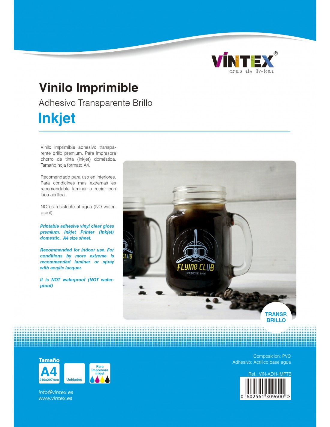 Vinilo Transparente Autoadhesivo A4 para impresoras INKJET- Global  Electronics