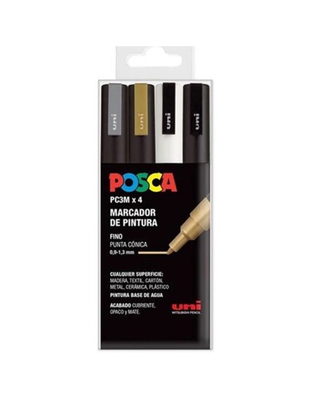 Estuche 4 rotuladores Blanco/negro/oro/plata pc-3m 1.3mm Posca