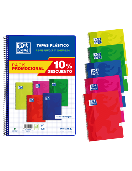 PACK 5 Cuadernos Espiral 21,5X31,5 Tapa de Plástico 4x4 con margen 80 Hojas COLORES VIVOS OXFORD SCHOOL CLASSIC