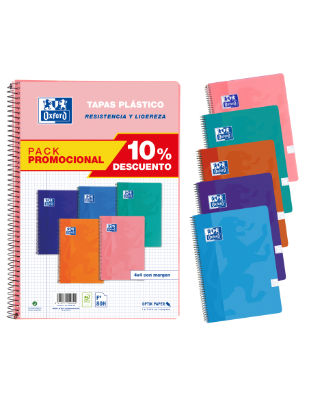PACK 5 Cuadernos Espiral 21,5X31,5 Tapa de Plástico 4x4 con margen 80 Hojas COLORES TENDENCIA OXFORD SCHOOL CLASSIC