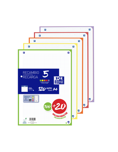 Recambio Paquete con 5 colores de banda VIVOS 5x5 100+20 Hojas  A4 SCRIBZEE OXFORD SCHOOL