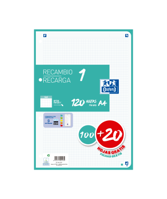Recambio Paquete A4 con 1 color de banda 5x5  100+20 Hojas OXFORD SCHOOL