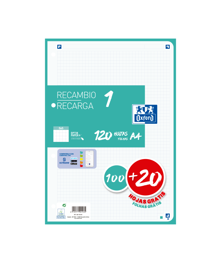 Recambio Paquete A4 con 1 color de banda 5x5  100+20 Hojas OXFORD SCHOOL