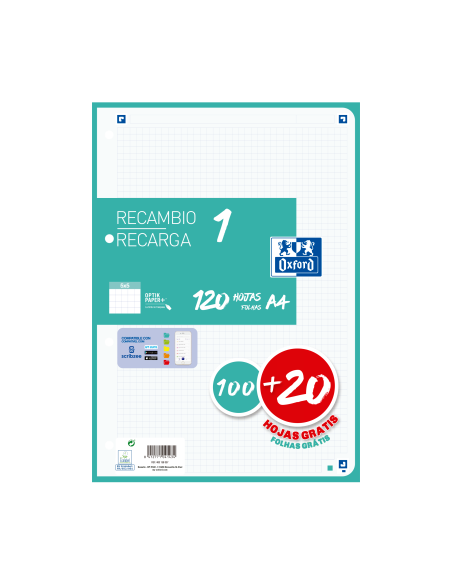 Recambio Paquete A4 con 1 color de banda 5x5  100+20 Hojas OXFORD SCHOOL