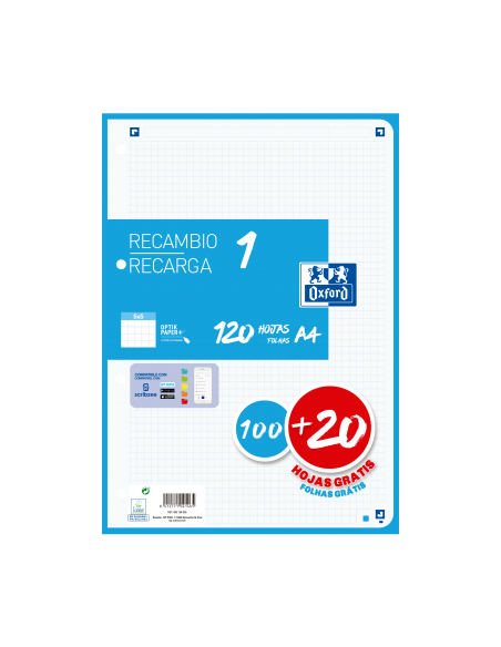 Recambio Paquete A4 con 1 color de banda 5x5  100+20 Hojas OXFORD SCHOOL
