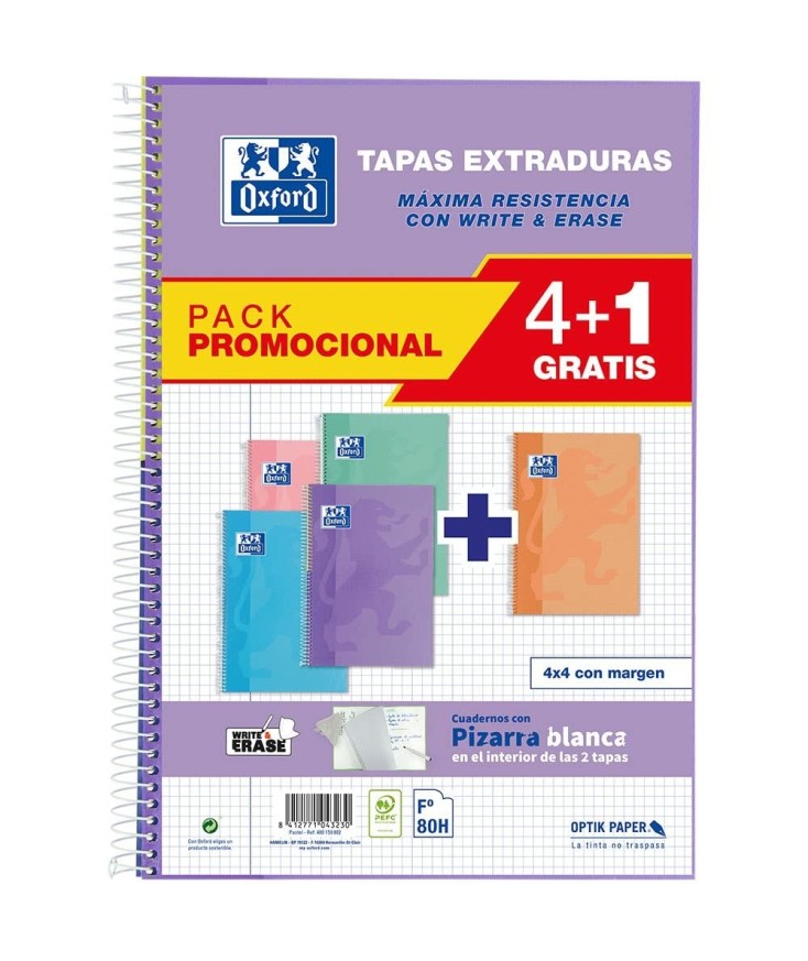 Cuaderno Espiral PACK 4+1 WRITE&ERASE 21,5X31,5 Tapa Extradura 4X4 con margen 80 Hojas COLORES PASTEL OXFORD SCHOOL CLASSIC