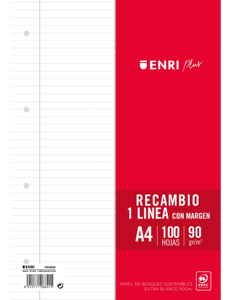 Recambio Paquete 1 Línea con margen 4 Taladros 100 Hojas 90gr A4  ENRI PLUS