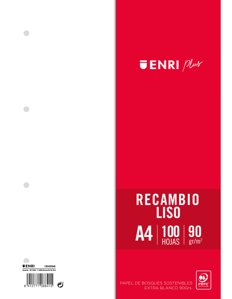 Recambio Paquete Liso 4 Taladros 100 Hojas 90gr A4  ENRI PLUS