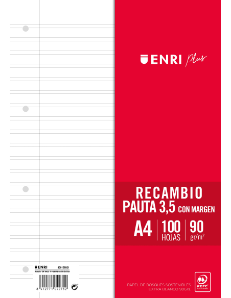 Recambio Paquete Pauta 3,5mm con margen 4 Taladros 100 Hojas 90gr A4  ENRI PLUS