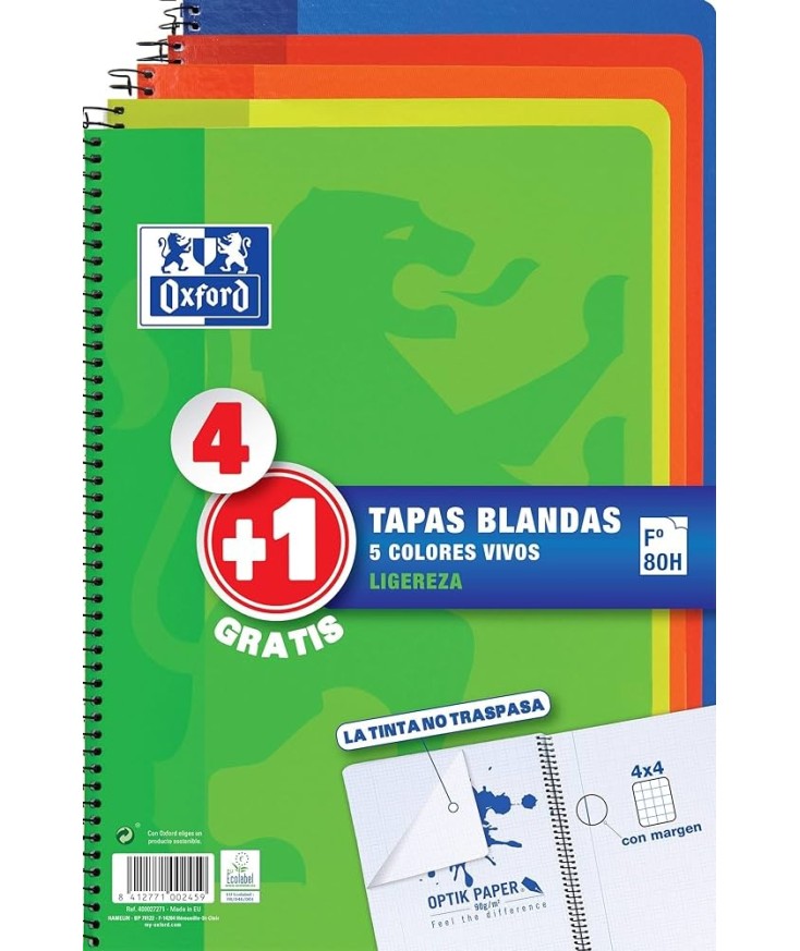 PACK 4+1 Cuaderno Espiral 21,5X31,5 Tapa Blanda 4X4 con margen 80 Hojas OXFORD SCHOOL CLASSIC